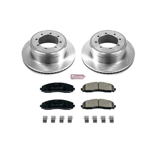 PowerStop OE rear brake rotors for Ford F-450 Super Duty 2013-2016, showing new brake rotors with ventilated design