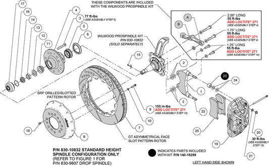 Wilwood front XRS6R performance brake kit with WWE Pro spindle, 14-inch rotor, GT red calipers, and brake components.