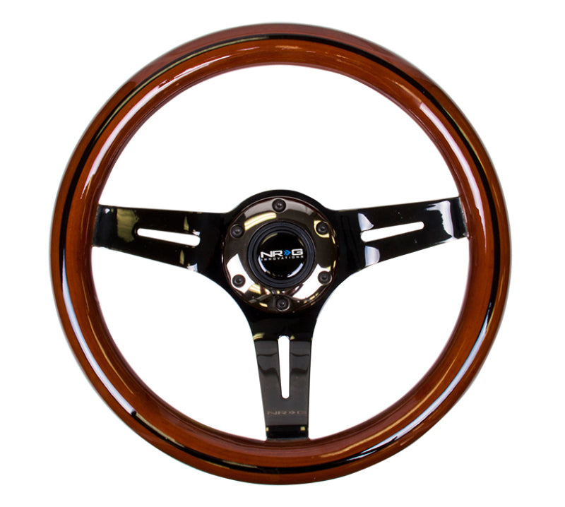 NRG Classic wood grain steering wheel with black line inlay, dark wood finish, black chrome accents, 310mm diameter, 3-spoke design