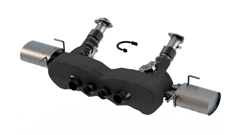 Borla catback exhaust system for Chevrolet Corvette C8 Z06 5.5L V8 with 3-inch ATAK mufflers and reuse OE tips, front view.