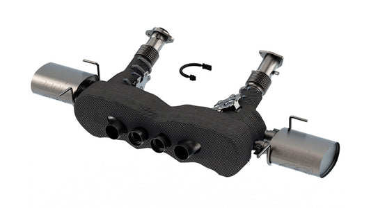 Borla catback exhaust system for Chevrolet Corvette C8 Z06 5.5L V8 with 3-inch ATAK mufflers and reuse OE tips, front view.