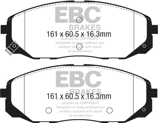 EBC 2015+ Kia Sedona 3.3L Ultimax2 front brake pads, OE quality, shown with metal backing and friction surface