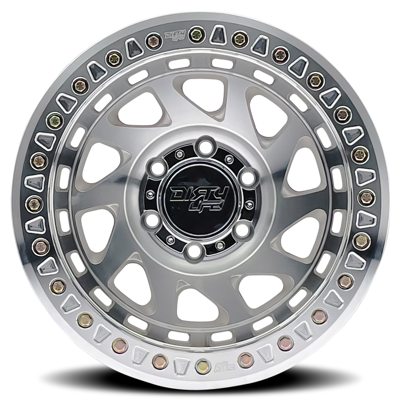 Dirty Life Enigma Race 17x9 cast wheel with 6x139.7 bolt pattern, -38mm offset, 106mm hub, machined finish.