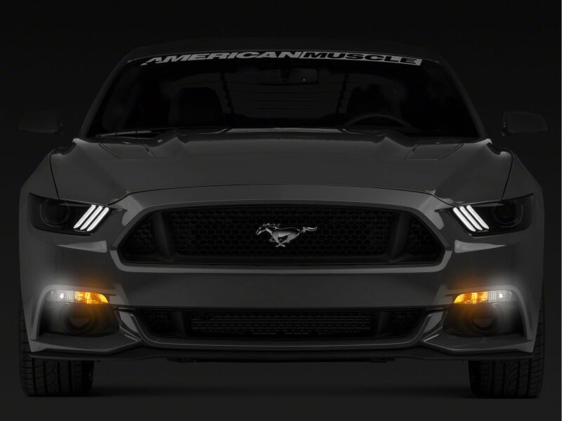 Raxiom Ford Mustang axial series sidemarker turn signal conversion kit installed on a 2015-2017 Mustang, showing bright turn indicators.