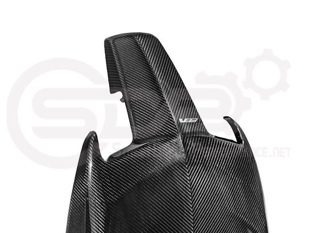 Pair of black carbon fiber seat back panels for Cadillac CT5-V and Blackwing interior dash trim, driver and passenger sides.