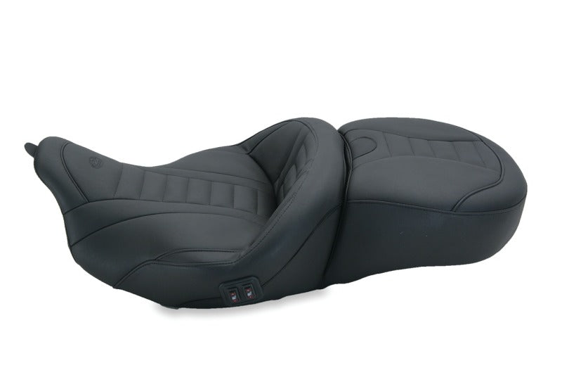 Mustang Motorcycle black one-piece heated seat for Harley Electra Glide, Road Glide, Road King, and Street Glide models.