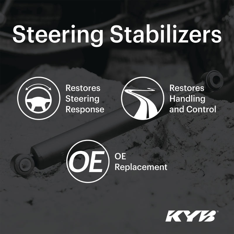 KYB front steering stabilizer for Chevrolet Silverado K and V Series 3/4 Ton 4WD trucks, durable shock absorber for improved steering.