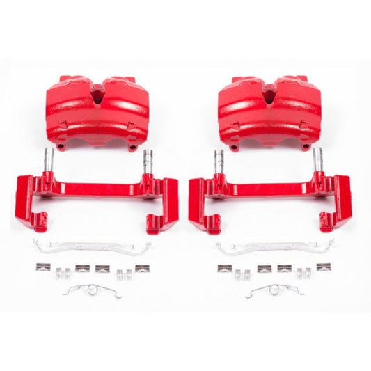 Pair of PowerStop red front brake calipers with brackets for Ford Expedition 2003-2006, performance automotive brake replacement