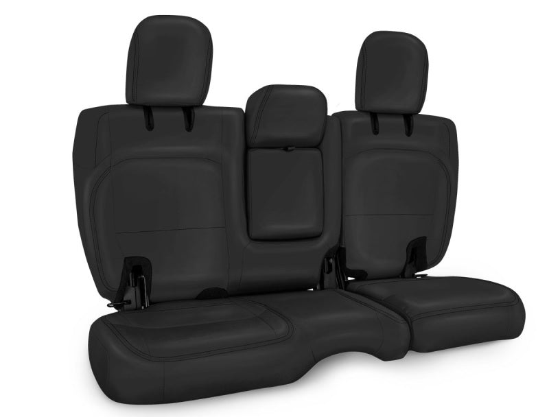 Black leather rear bench seat cover for Jeep Wrangler JLU 2018+ from PRP Seats, fits 4-door Wrangler JLU interior.