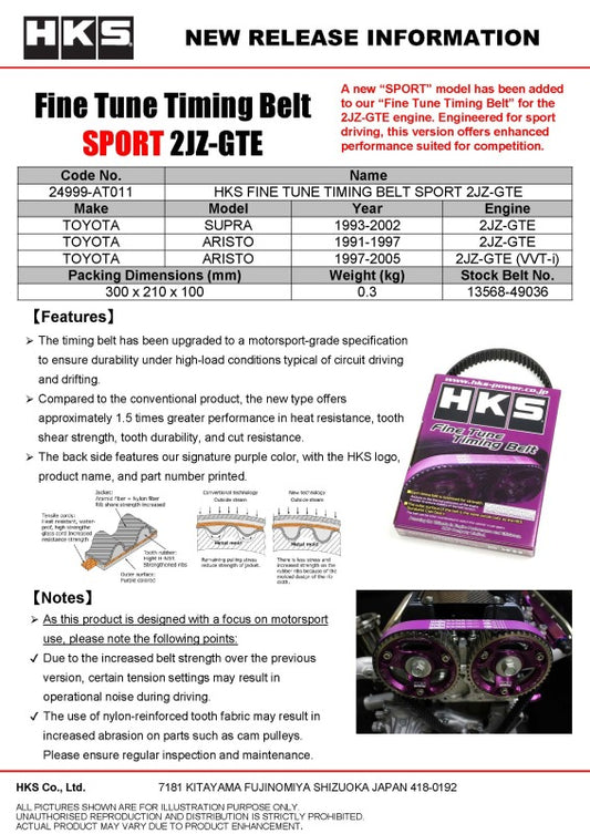 HKS fine tune timing belt for 2JZ-GTE engine, accessory belt with detailed teeth, automotive performance part