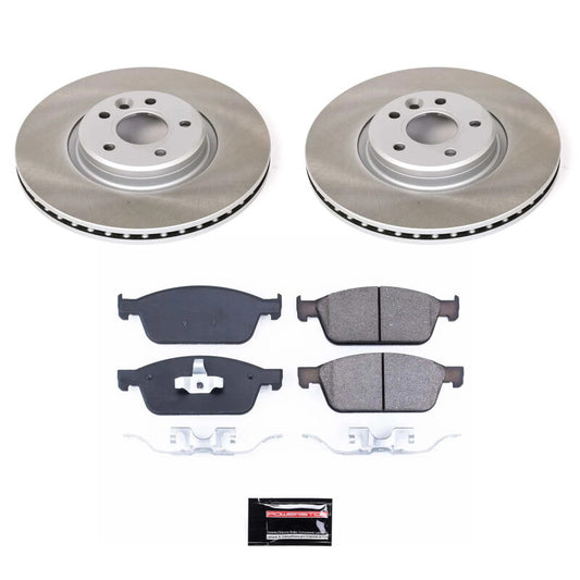 PowerStop 13-14 Ford Focus front semi-coated brake rotor kit with performance brake components installed on a vehicle.