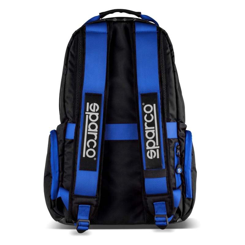 Black Sparco Super Stage backpack with multiple compartments and adjustable straps, designed for sporty style and practical use.