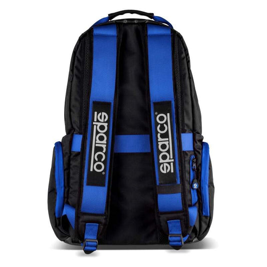Black Sparco Super Stage backpack with multiple compartments and adjustable straps, designed for sporty style and practical use.