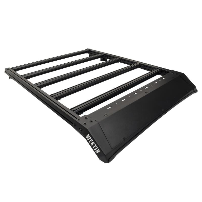 Westin 16-23 Toyota Tacoma Mesa Roof Rack installed on vehicle, durable black metal roof rack for cargo and gear transportation.