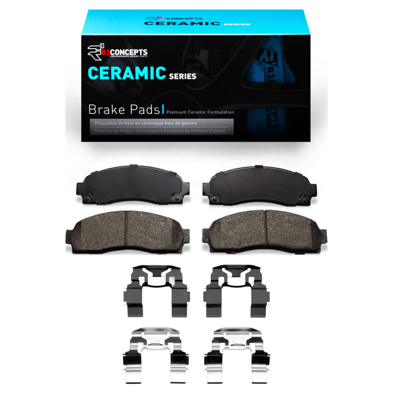 R1 Concepts Ford Explorer Sport front ceramic brake pads and hardware kit, OE style, for reliable stopping power.