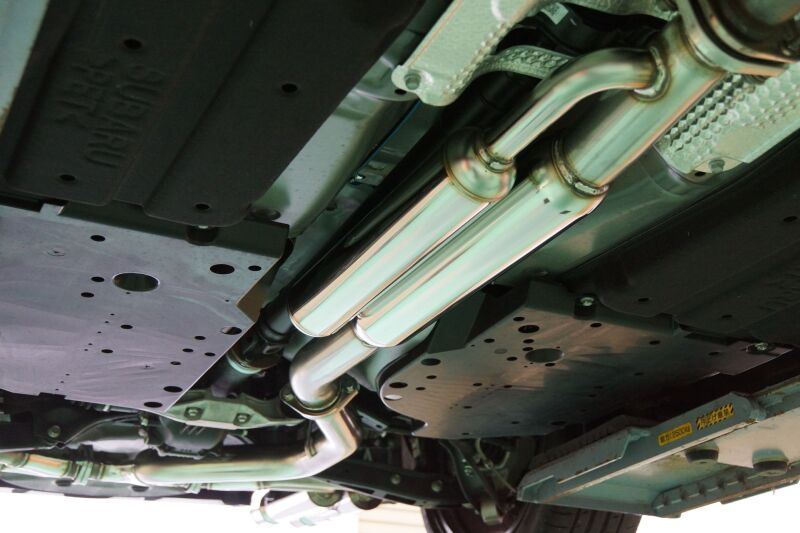 HKS 2021 Subaru WRX Legamax Sport catback exhaust system with polished stainless steel muffler and dual exhaust tips.
