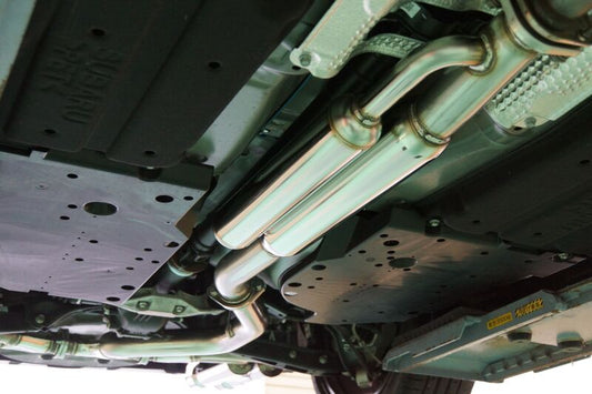 HKS 2021 Subaru WRX Legamax Sport catback exhaust system with polished stainless steel muffler and dual exhaust tips.