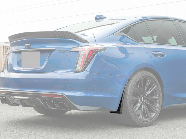 Pair of black carbon fiber mud flaps for 2022-up Cadillac CT5-V Blackwing by Street Driven Performance, showing front and rear splash guards.