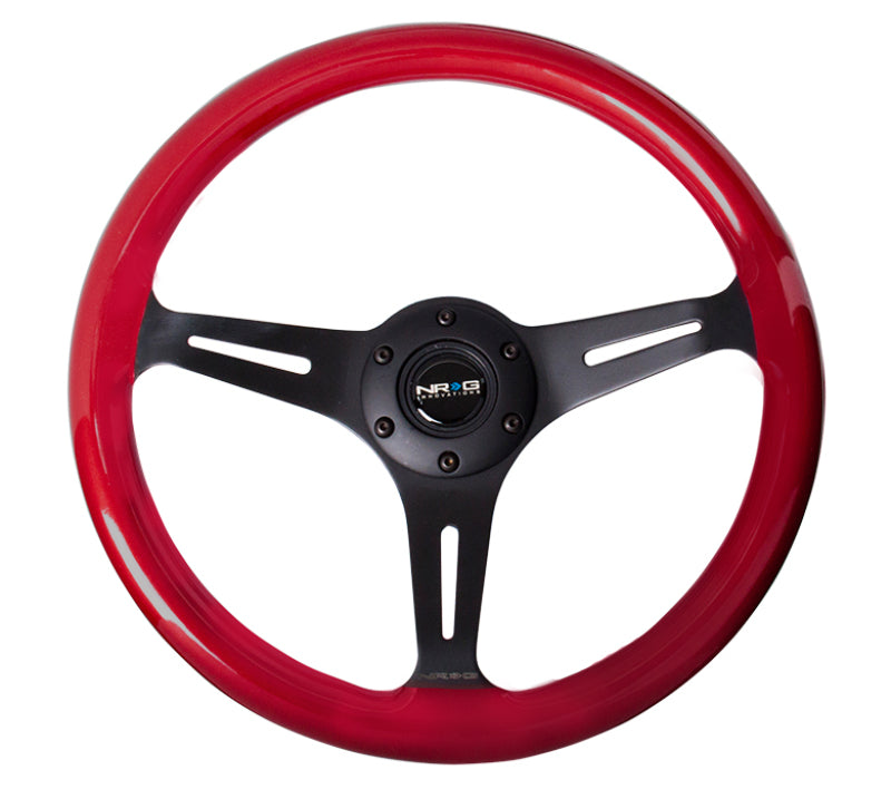 NRG Classic wood grain steering wheel with 350mm diameter, red pearl/flake paint, black 3-spoke center, for car interior upgrade.