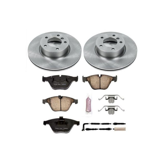 PowerStop OE front brake kit for BMW 328i (2008-2010), including brake rotors and pads, installed on vehicle front wheel.