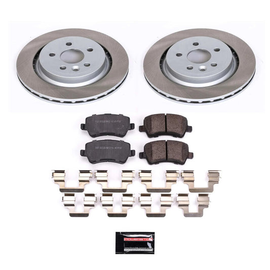 PowerStop rear semi-coated brake rotor kit for Volvo XC70, performance brake kit with blank rotors, natural view of the rotor and packaging