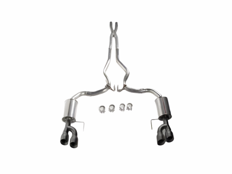 Roush 18-23 Mustang 5.0L V8 catback exhaust kit with black quad tips, non-active, installed on a muscle car.