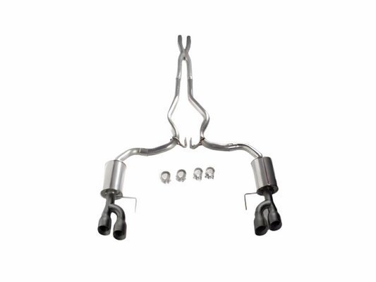 Roush 18-23 Mustang 5.0L V8 catback exhaust kit with black quad tips, non-active, installed on a muscle car.