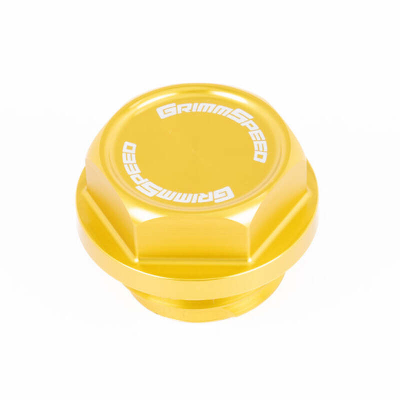 GrimmSpeed gold oil cap for Subaru all models, featuring sleek design and durable metal construction.