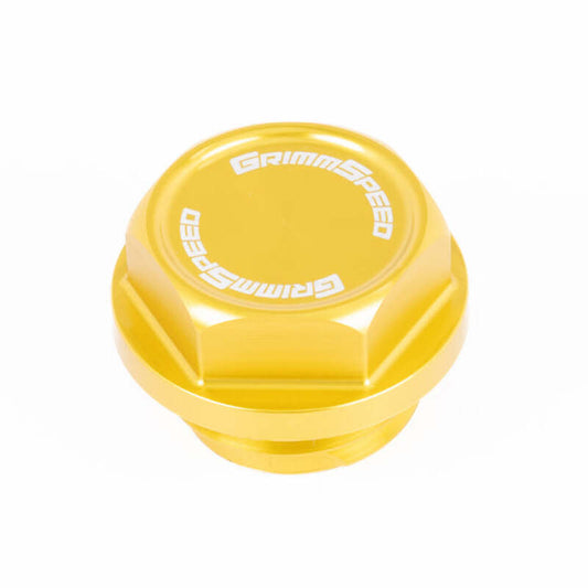 GrimmSpeed gold oil cap for Subaru all models, featuring sleek design and durable metal construction.