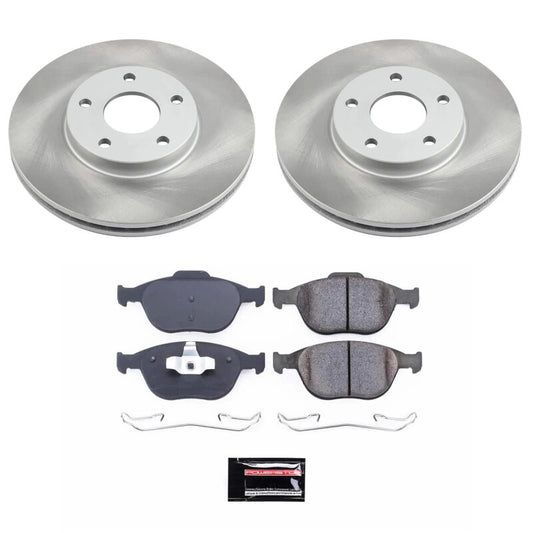 PowerStop performance front semi-coated rotor kit for 2010-2013 Ford Transit Connect brake replacement, showing drilled rotors and calipers.