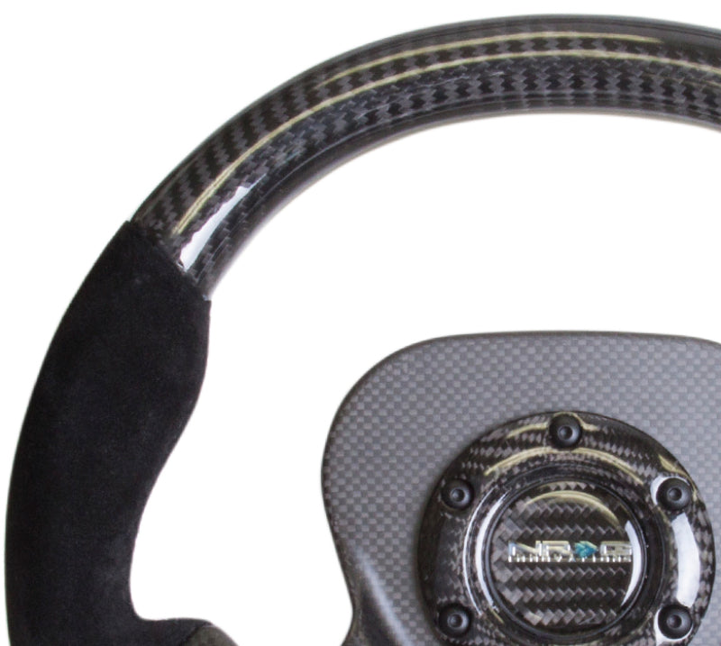 NRG 320mm carbon fiber steering wheel with CF center plate, two-tone carbon and suede handles, sporty and stylish design
