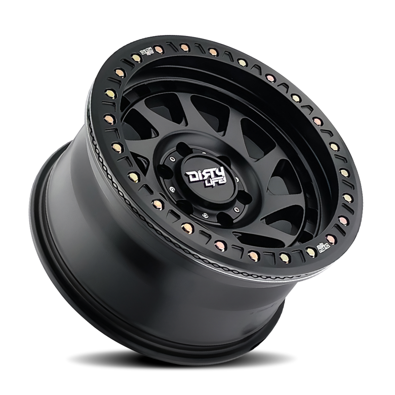 Dirty Life Enigma Race 17x9 matte black cast wheel with 5x127 bolt pattern, -38mm offset, 78.1mm hub for off-road vehicles.
