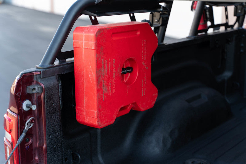 DV8 Offroad MTO Series 2-piece adjustable truck bed rack for Toyota Tundra and Ford F150 Raptor, exterior truck bed accessory.