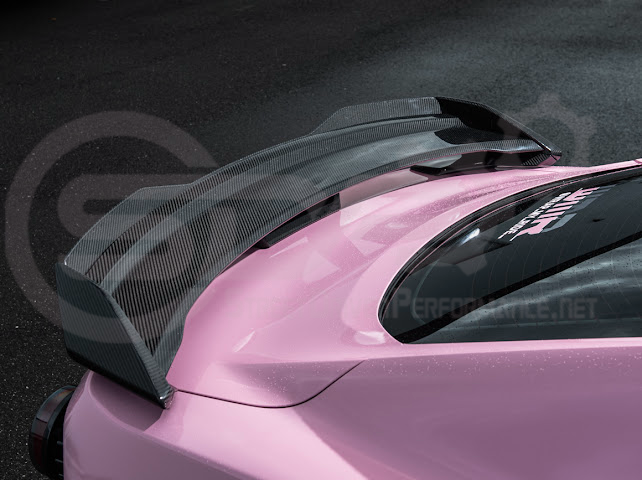 Ford Mustang Dark Horse style carbon fiber rear wickerbill spoiler wing, designed for 2015-2023 models, by Street Driven Performance.