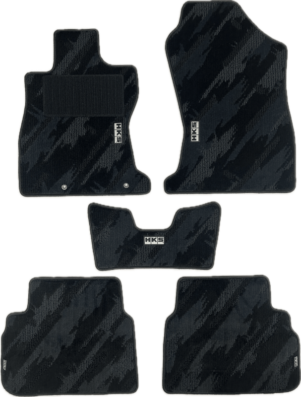 HKS carpeted floor mats set for full vehicle interior, driver and passenger side, LHD vehicle, October edition.