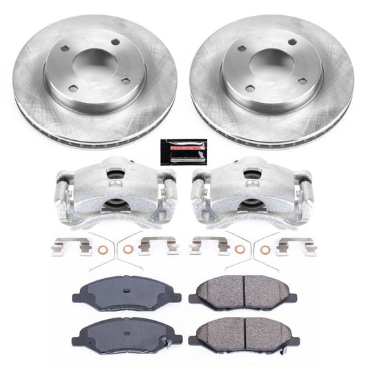PowerStop OE front brake kit with calipers for Nissan Versa 2009-2011, including brake rotors and components.