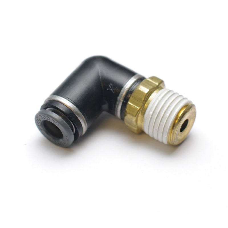 Ridetech airline fitting swivel elbow with 1/8in NPT to 3/8in airline connection for air suspension systems.