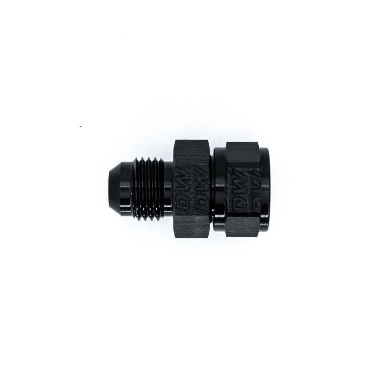 Black DeatschWerks 6AN male flare to fuel pump outlet barb fitting for fuel line connections.