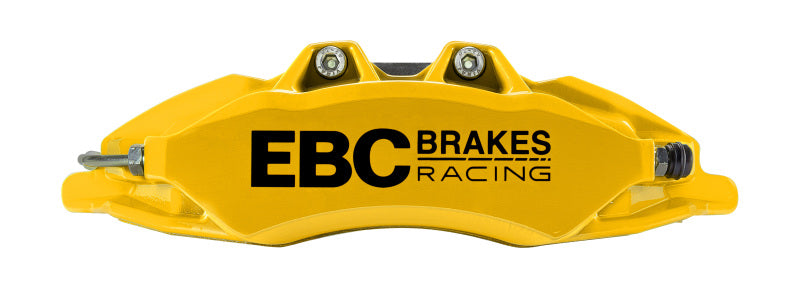 EBC Racing yellow Apollo-6 front calipers and 355mm rotors from Nissan 370Z big brake kit, showing the brake components and vibrant yellow color.