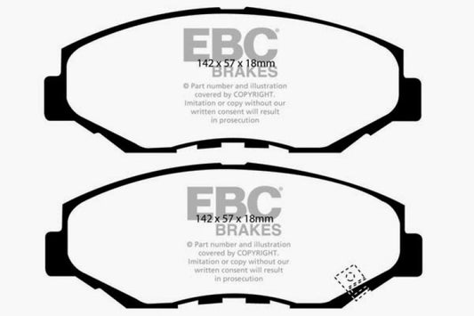 EBC Redstuff performance front brake pads for Acura ILX 1.5 Hybrid, showing red friction material and metal backing plate.