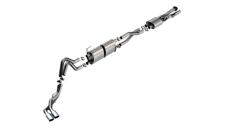 Borla S-Type cat-back exhaust system for Ford F250/F350 Super Duty 7.3L V8 truck, showing polished stainless steel pipes and muffler