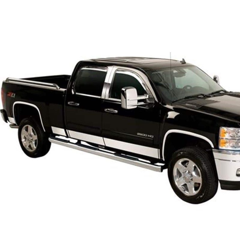 Putco stainless steel rocker panels for 2015-2019 Chevy Silverado HD crew cab dually, exterior body armor and rock rails set.