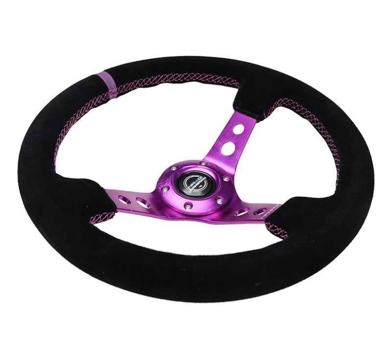 NRG reinforced 350mm black suede steering wheel with purple center and stitching, designed for sports car interior.