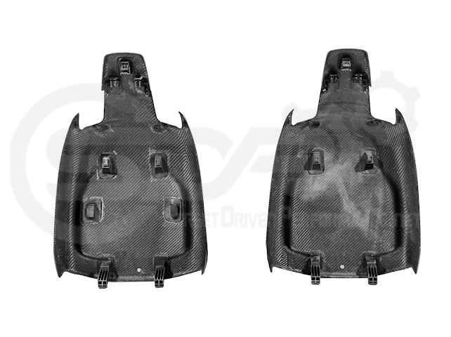 Pair of black carbon fiber seat back panels for Cadillac CT5-V and CT5-V Blackwing interior dash and trim.