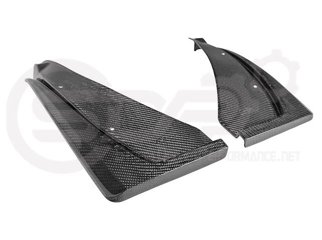 Pair of black carbon fiber mud flaps for 2022-up Cadillac CT5-V Blackwing, featuring Street Driven Performance branding.