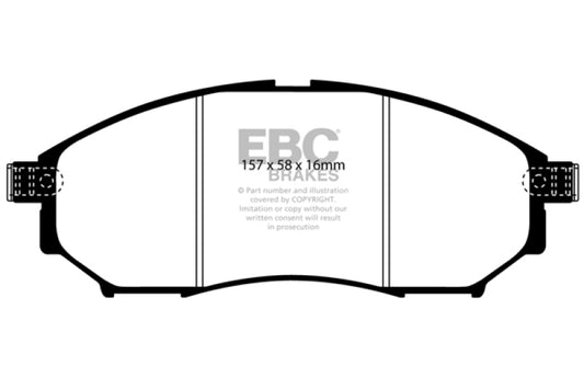 EBC Redstuff performance front brake pads for Infiniti EX35 2008-2013, showing new red brake pad material and metal backing plate.