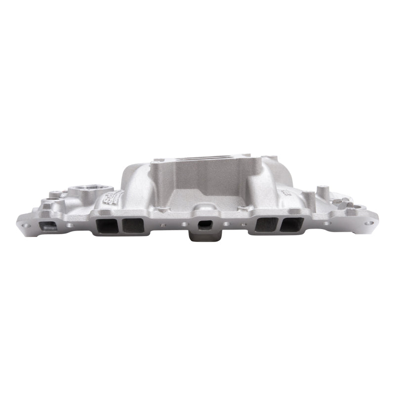 Edelbrock Performer EPS intake manifold with oil fill tube and breather for small-block Chevy engine, metal construction with mounting ports.