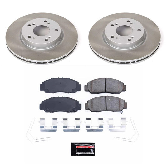 PowerStop performance brake kit with semi-coated front rotor for Honda Civic 2012-2015, showing the semi-coated rotor and brake components.