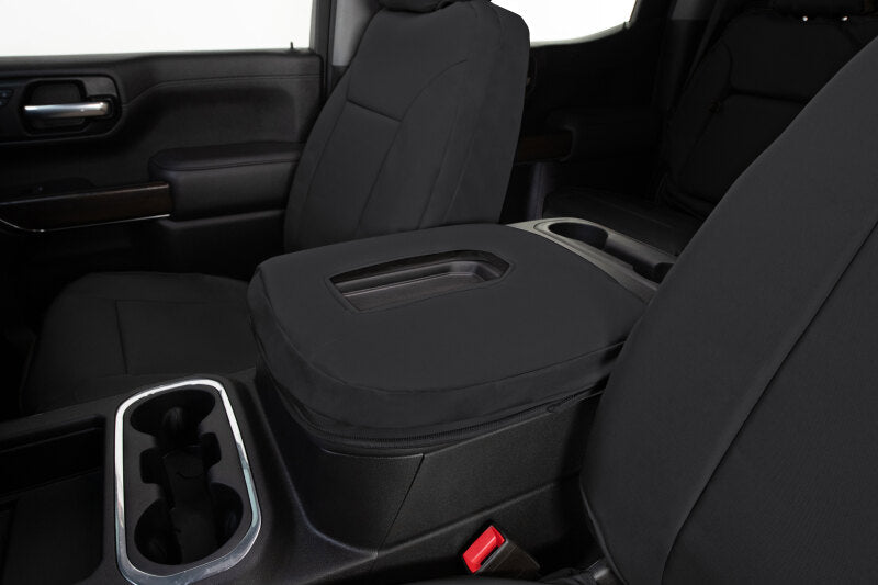 Covercraft Endura PrecisionFit black front row seat covers for Ford Transit 15-24, custom-fit for durable protection.