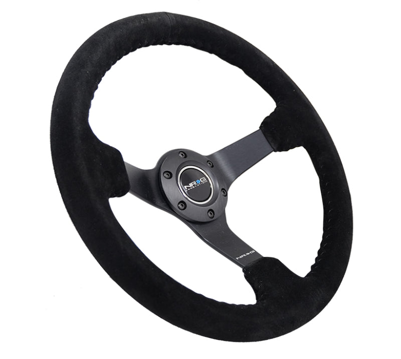 NRG reinforced black suede steering wheel with basketball stitch, 350mm diameter, 3-inch deep, matte black spoke design